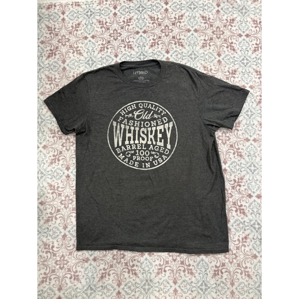 Hybrid Apparel Mens Old Fashioned Whiskey Graphic T-Shirt Gray Large Distressed